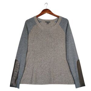 Eileen Fisher Sweater Womens M Beige Grey Merino Wool Blend Leather Patches Cozy